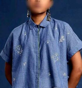 Floral Embroidered cutaway collar pure cotton wove