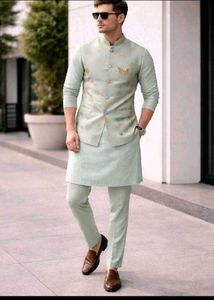Men's Mint Green Kurta Set with Jacket