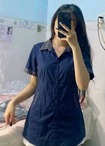 Chic Navy Polka Dot Collar Shirt