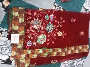 Embroidered Maroon Saree