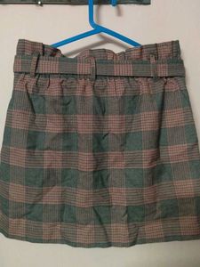 Plaid Paperbag Waist Skirt with Belt