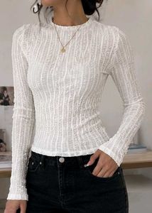 Textured Fitted White Full-Sleeve Top