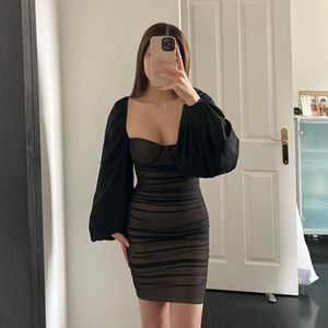 Black Puff Sleeve Ruched Mini Dress