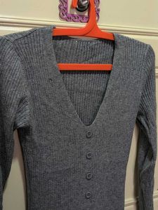 Grey Ribbed Button-Up Cardigan Dress