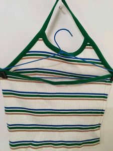 Striped Halter Neck Ribbed Crop Top