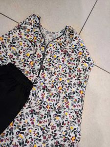 Floral Print Kurta with Black Bottom
