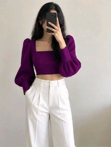 Elegant Purple Puff Sleeve Crop Top