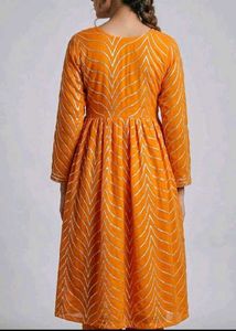 Vibrant Orange Kurta with Golden Chevron Print