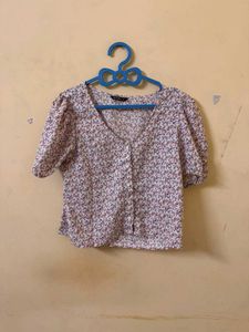 Floral Print Button-Up Puff Sleeve Top