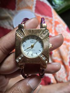 Gold Tone Square Watch with Rhinestones