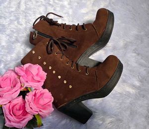 Trendy Brown Heeled Ankle Boots with Stud Detail
