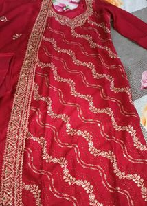 Beautiful Red Kurta Set with Golden Print