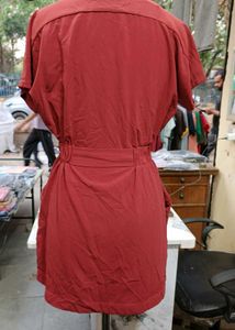 Chic Red Collared Dress with Belt