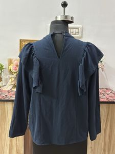 Chic Navy Ruffle Long Sleeve Top