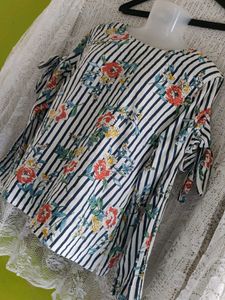Chic Striped Floral Cold Shoulder Top