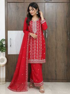 Red Embroidered Kurta Set with Palazzo