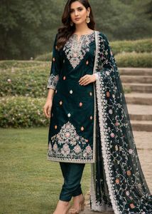 Embroidered Teal Velvet Kurta Set