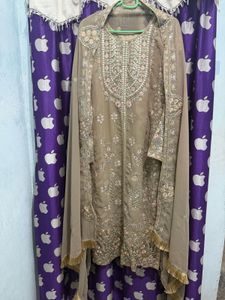 Pakistani beige Embroidered Kurta Set with Dupatta