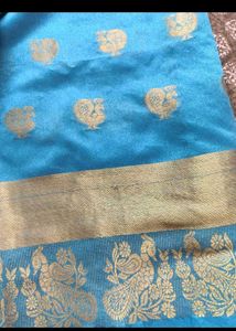 Beautiful Blue Saree with Gold Border &amp; blouse