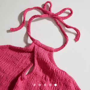 Hot Pink Textured Crop Top &amp; Skirt Set