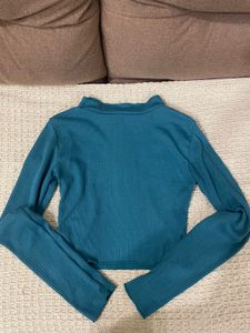 Blue Ribbed Mock Neck Long Sleeve Top