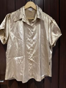 Shimmer Short Sleeve Button-Up Top