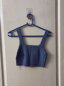 Blue Ribbed Square Neck Crop Top