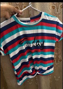 Striped Tie-Front Crop Top with Smiley Face