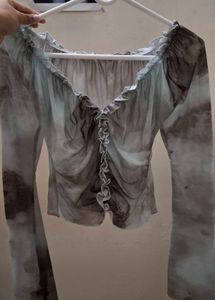 Sheer Ruffle Front Long Sleeve Top