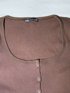 Brown Ribbed Button-Up Crop Top