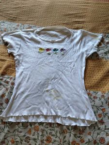 White Ribbed Floral Embroidered Baby Tee