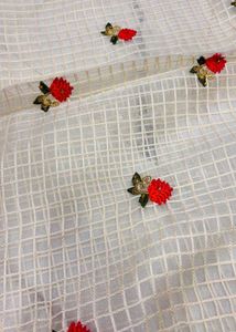 Cream Floral Embroidered Saree with Red Blouse