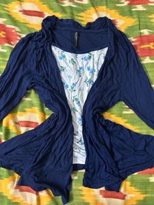 𝜗ৎNavy Blue Fitted Floral Cardigan Top