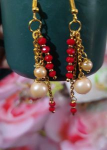 Handmade Elegant Pearl and Red Stone Drop Earrings