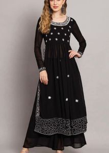 Elegant Black Kurta Set with White Embroidery