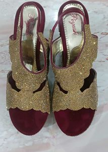Bridal Heels Embellished Wedges - Maroon & Gold