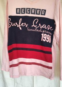 Men's Pink V-Neck Long Sleeve Graphic T-Shirt