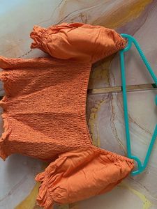 Orange Smocked Puff Sleeve Top