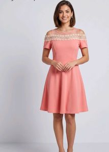 Chic Coral Cold Shoulder Lace Trim Dress