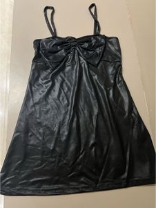 Chic Black Faux Leather Bow Dress