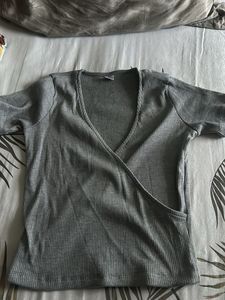 Grey Ribbed Wrap Top