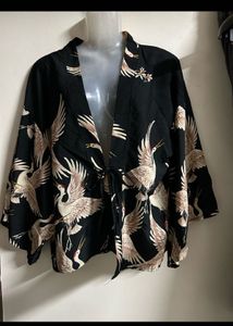 Black Crane Print Kimono Jacket