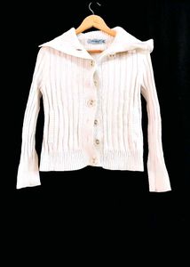 Women Korean White Ribbed Sweater