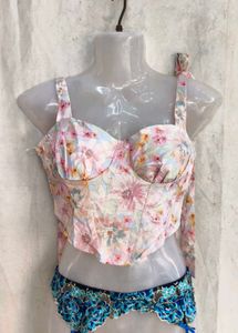 I. Floral Corset Top with Blue Lace Detail