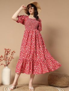 Red Floral Midi Dress