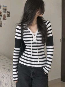 Black & White Striped Lace-Up Sweater 🖤🤍