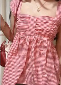 Red Gingham Sweetheart Neck Peplum Top