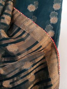 Elegant Dark Teal Saree with Golden Motifs,