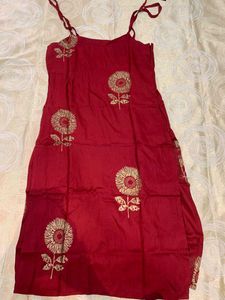 Red Ethnic Kurti with Gold Print &amp; Tie-Up Straps