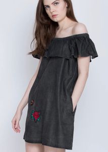 Chic Off-Shoulder Denim Dress with Patches